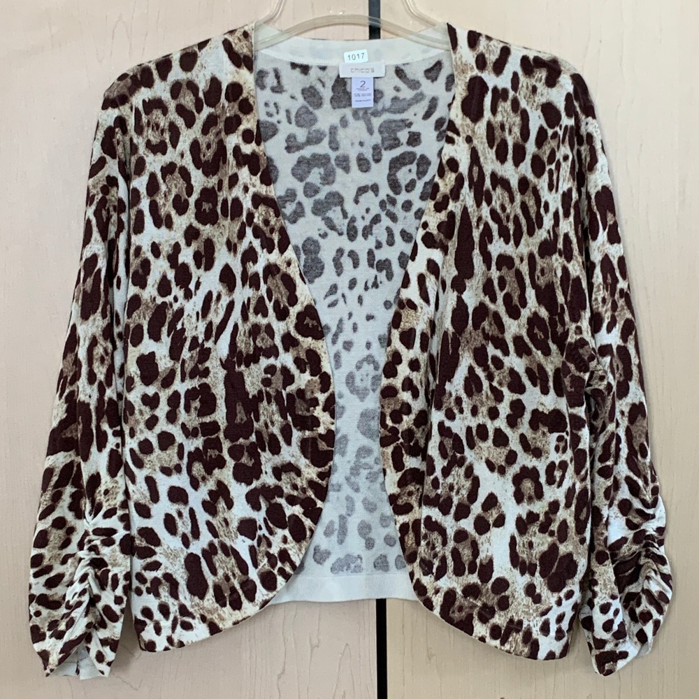 Chicos Women's 3/4 sleeves Open Cardigan Sweater Animal Print Brown Size 2 L/12